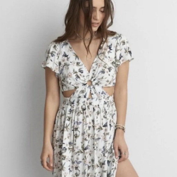 American Eagle Dress‎ Outfitters Floral Cutout Keyhole XS crop AE AERIE brandy - Picture 1 of 3